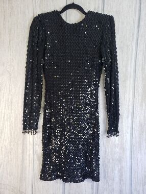 Climax Black Sequin Karen Okada Party Dress Vintage 1980s XS Check Measurements